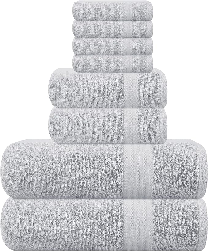GLAMBURG Ultra Soft 8 Piece Towel Set - 100% Pure Ring Spun Cotton, Contains 2 Oversized Bath Towels 27x54, 2 Hand Towels 16x28, 4 Wash Cloths 13x13 - Ideal for Everyday use, Hotel & Spa - Light Grey