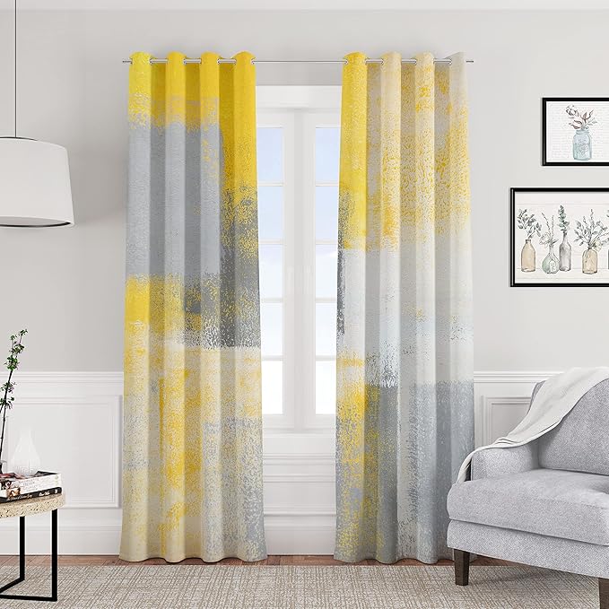 Yellow Window Curtain Yellow Grey Abstract Thermal Insulating Drapes Rust Art Treatment Drapes Modern Curtains for Living Room Bedroom Hotel, 52" x 84", 2 Panels