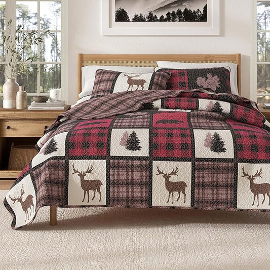 Great Bay Home Lodge Bedspread Full/Queen Size Quilt with 2 Shams. Cabin 3-Piece Reversible All Season Quilt Set. Rustic Quilt Coverlet Bed Set. Stonehurst Collection. (Red/Black)