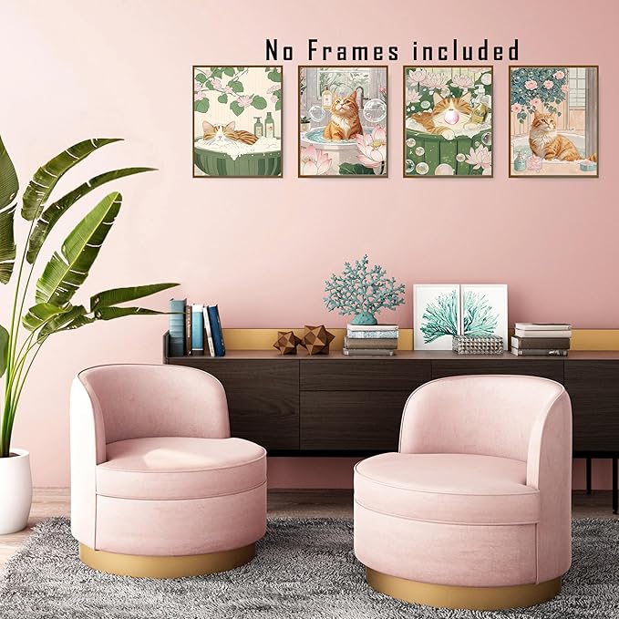 FITIE Orange Tabby Cat Bathroom Wall Art Posters Set of 4, Cat Bathroom Decor, Retro Japanese Aesthetic Floral Bathtub Cats Canvas Prints Artwork Wall Decor for Bath Wash Room, 8x10 Unframed