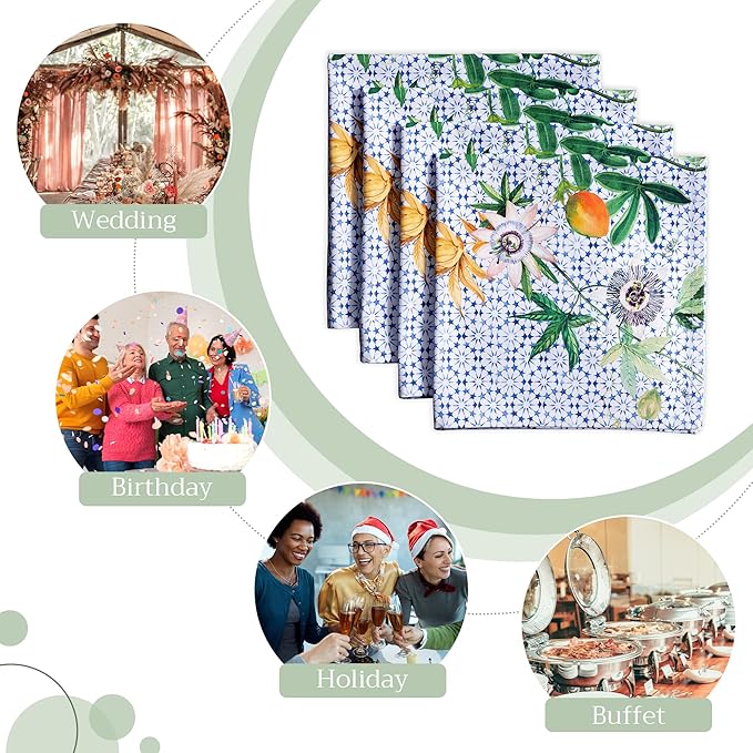 Maison d' Hermine Cloth Napkins Set of 4 100% Cotton Everyday Reusable Square Napkins Cloth Washable, Dinner, Party, Wedding, Restaurant, Spring/Summer (Passiflora, 20" x 20")