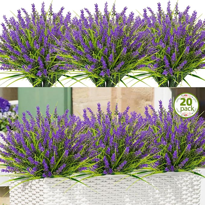 N&T NIETING Artificial Plants Outdoor, 20 Bundles Fake Monkey Grass with Spring Flowers, UV Resistant Faux Plants for Garden Window Office Patio Hanging Planter Pathway Front Porch Home(Purple)