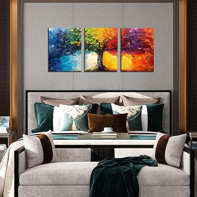 Tree Pictures Wall Art for Living Room - Modern Wall Decor for Office Women - Colorful Wall Decor for Bedroom Size 12" x 16" x 3 Pieces