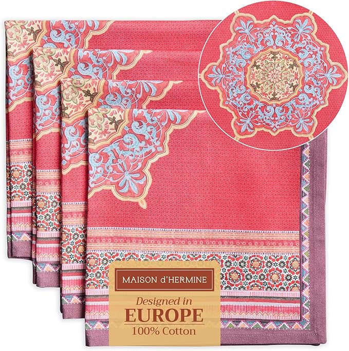 Maison d' Hermine Cloth Napkins Set of 4 100% Cotton Everyday Reusable Square Napkins Cloth Washable, Dinner, Party, Wedding, Restaurant (Ispahan, 20" x 20")