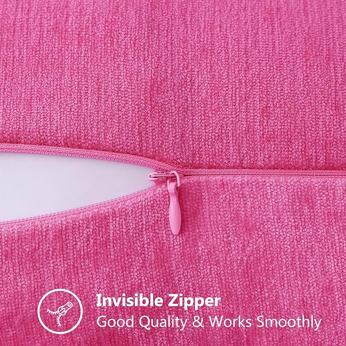 decorUhome Chenille Soft Throw Pillow Covers 16x16 Set of 2, Farmhouse Velvet Neutral Decorative Euro Pillow Covers with Stitched Edge for Couch Sofa Bed Home Decor, Hot Pink