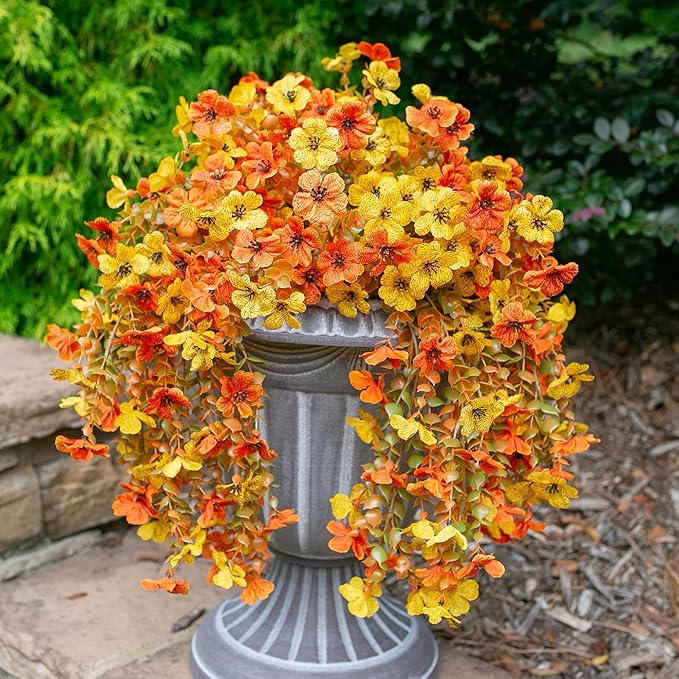 Artificial Flowers for Fall Outdoors Decoration, 2Pcs Fake Fall Light Orange & Yellow Hanging Flowers, Faux Autumn Decor for Porch Patio Balcony Planter, Realistic Arrangement