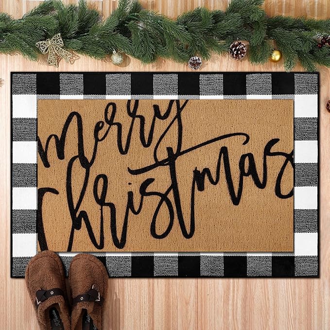 2 Pcs Merry Christmas Door Mat Xmas Welcome Non Slip Coir Mats Black White Buffalo Plaid Floor Layering Doormats Seasonal for Front Porch Entryway Decor(Merry Christmas)