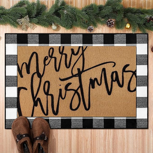 2 Pcs Merry Christmas Door Mat Xmas Welcome Non Slip Coir Mats Black White Buffalo Plaid Floor Layering Doormats Seasonal for Front Porch Entryway Decor(Merry Christmas)