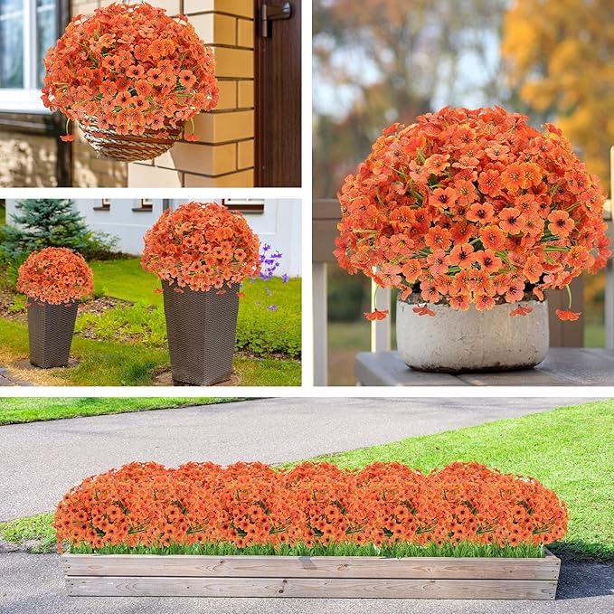 20 Bundles Fall Flowers Artificial for Decoration Outdoors, Fake Flowers Faux Plants Silk Colorful Daisy Eucalyptus Realistic UV Resistant for Garden Patio Porch Box Home Decor, Orange