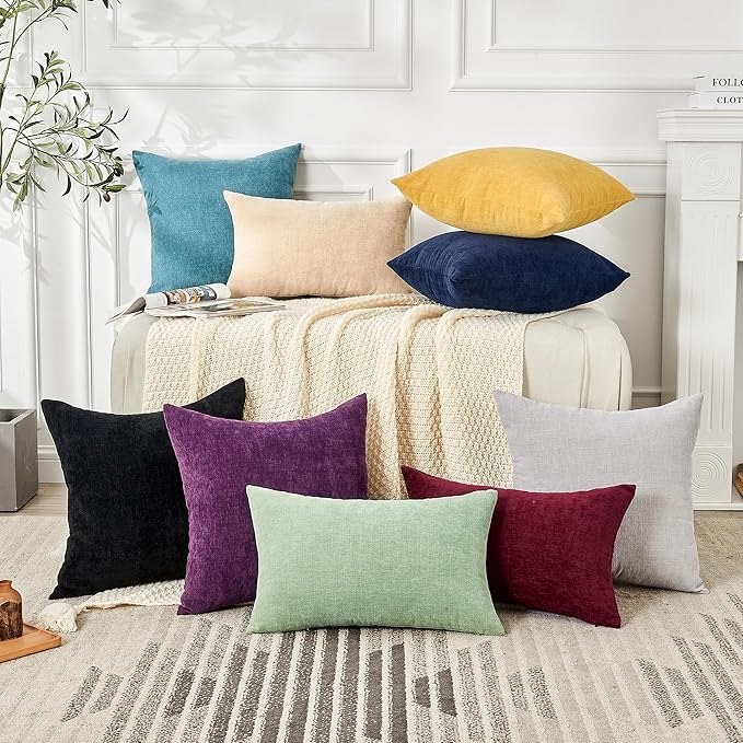 GAWAMAY Decorative Square Throw Pillow Covers 18"x18" Inch Set of 2, Super Soft Chenille Pillows Farmhouse Fall Pillowcase for Living Room Bedroom Sofa Couch Cushion Cover Black 45x45cm (No Insert)