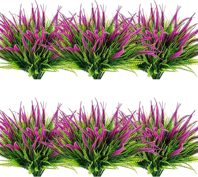 12 Bundles Outdoor Artificial Plants Flowers UV Resistant Fake Grass Plants Tropical Faux Bushes Shrubs for Home Front Porch Outside Planter Garden Landscape Décor