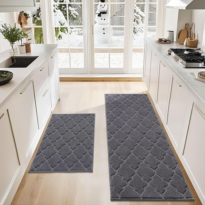 COSY HOMEER Soft Kitchen Rugs [2 PCS] for in Front of Sink Super Absorbent Kitchen Floor Mats and Mats 24x35 Inch/24X60 Non-Skid Kitchen Mat Standing Mat Washable,Polyester,Dark Grey