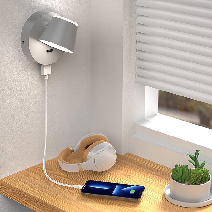 URSOLA Wall Light LED Wall Sconce with On/Off Switch USB Charging Port 110 Volt Hardwired Wall Lamp 350 Rotatable Up Down Sconces Wall Lighting (Grey)
