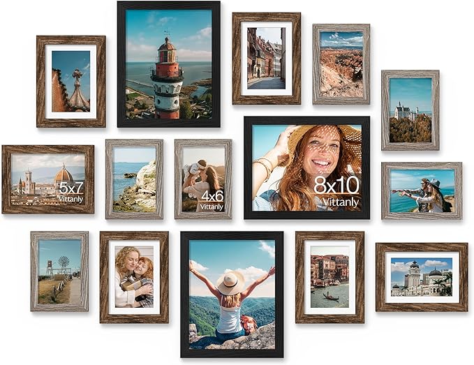 Vittanly 15 Pack Picture Frames Collage Wall Decor, Multi Sizes Including 3pcs 8x10, 6pcs 5x7 and 6pcs 4x6 Photo Frames, Gallery Frame Set for Wall or Tabletop Display, Black, Brown and Dark Grey