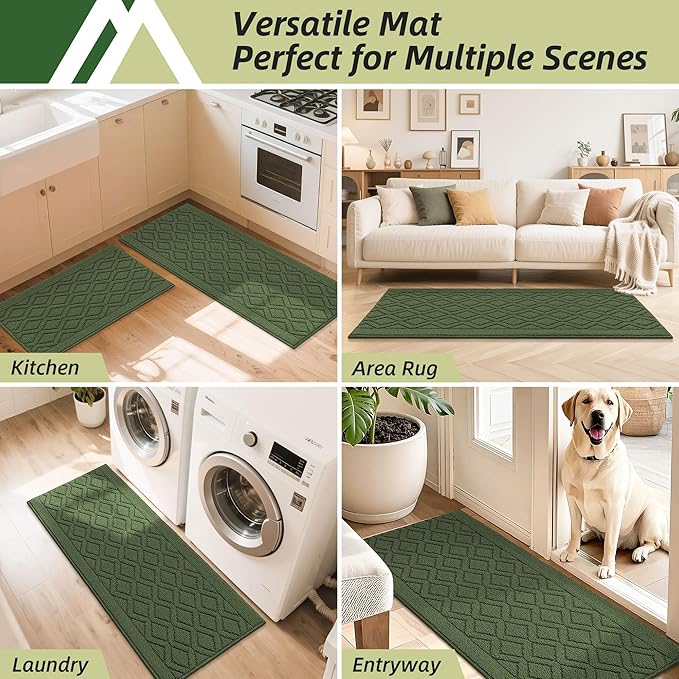 COSY HOMEER-Kitchen-Rugs-and-Mats 20"x48" Non Slip Kitchen Mats for Floor Absorbent Washable Kitchen Runner Standing Floor Mat for Sink Mat,Entry,Laundry,Polypropylene,Green