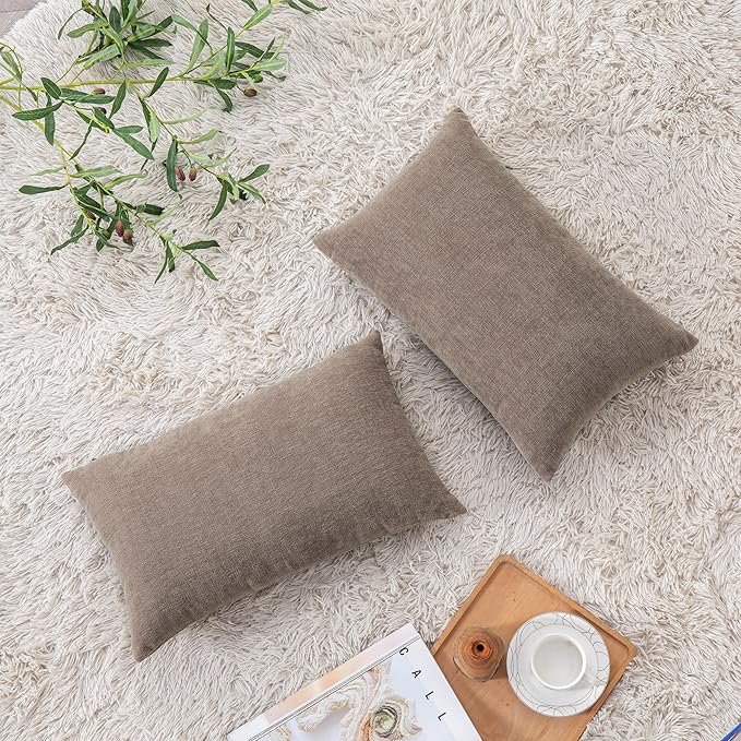 GAWAMAY Lumbar Pillow Decorative Rectangle Throw Pillow Covers 12"x20" Inch Set of 2, Super Soft Chenille Pillowcase for Living Room Bedroom Sofa Couch Cushion Cover Taupe Grey 30x50cm (ONLY Covers)