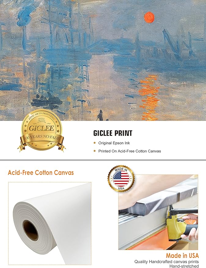 DECORARTS - Impression Sunrise, Claude Monet Art Reproduction. Giclee Canvas Prints Wall Art for Home Decor 20x16