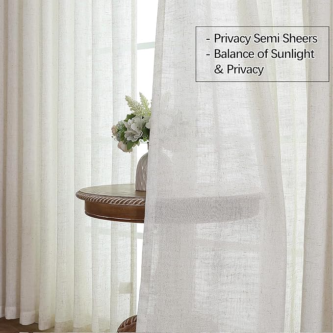 Neutral Pinch Pleated Linen Semi Sheer Curtains 108 Inches Long, 50 Inches Width, Cream Beige Light Filtering Drapes for Living Room, Floor to Ceiling Farmhouse Window Curtain Panels