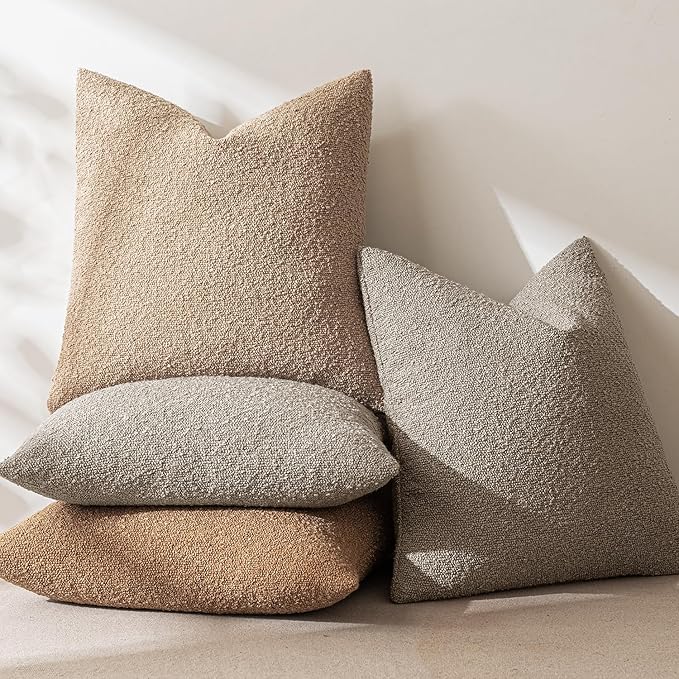 MIULEE 22x22 Inch Decorative Euro Sham Throw Pillows for Bed Set of 2 Textured Boucle Neutral Throw Pillow Covers Light Taupe Accent Solid Euro Couch Pillowcase Cozy Soft Sofa Livingroom Home Decor