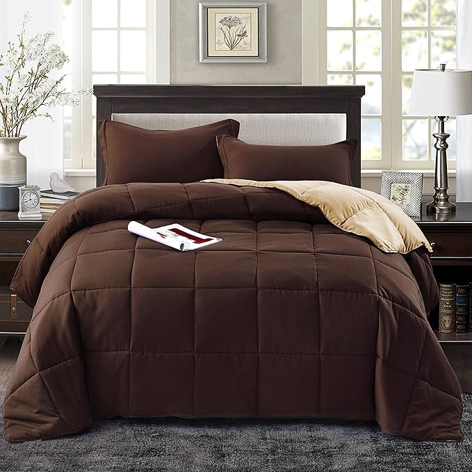 HIG 3pc Down Alternative Comforter Set - All Season Reversible Comforter with Sham - Quilted Duvet Insert with Corner Tabs - Box Stitched - Super Soft, Fluffy (Twin/Twin XL, Chocolate)