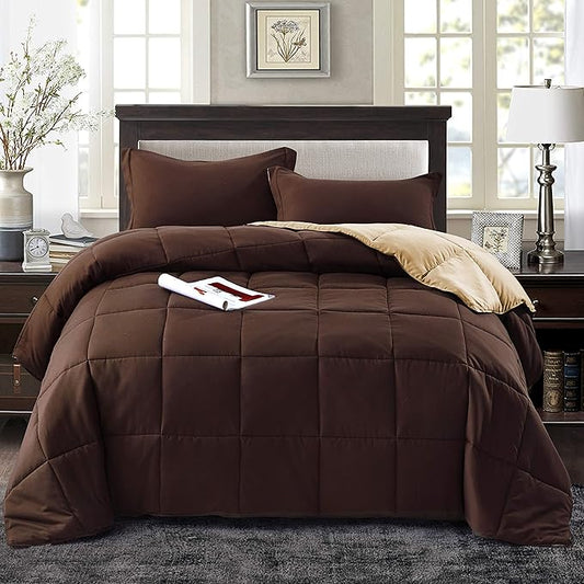 HIG 3pc Down Alternative Comforter Set - All Season Reversible Comforter with Sham - Quilted Duvet Insert with Corner Tabs - Box Stitched - Super Soft, Fluffy (Twin/Twin XL, Chocolate)