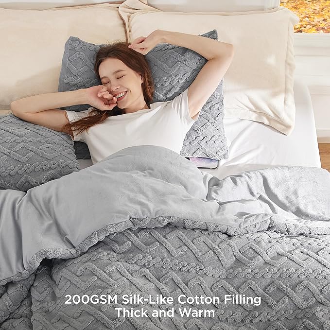 Bedsure Queen Fluffy Comforter Set, Grey Plush Fleece Bed Set, Luxury Jacquard Farmhouse Boho Soft Warm Bedding for Winter, 3 Pieces, 1 Comforter (90"x90") and 2 Pillowcases (20"x26")