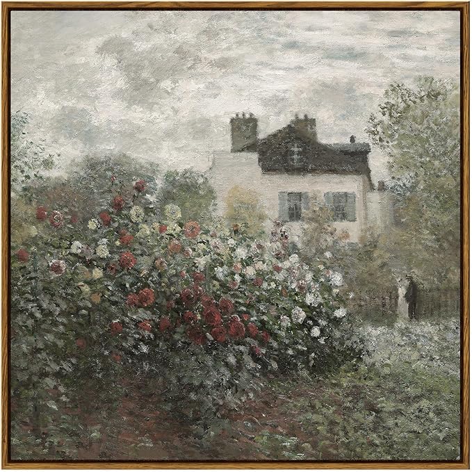 InSimSea Square Framed Canvas Wall Art, Large Decor Monet Flower Garden Paintings, Garden Scenery Wall Pictures for Bedroom Bathroom Living Room, Canvas Prints Vintage Farmhouse Decor 24"x24"