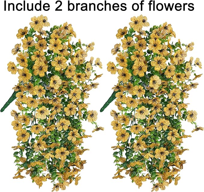 Artificial Hanging Flowers for Outdoors Decoration, 2pcs Fake Daisy with Eucalyptus Leaves for Garden Yard Porch (Yellow)