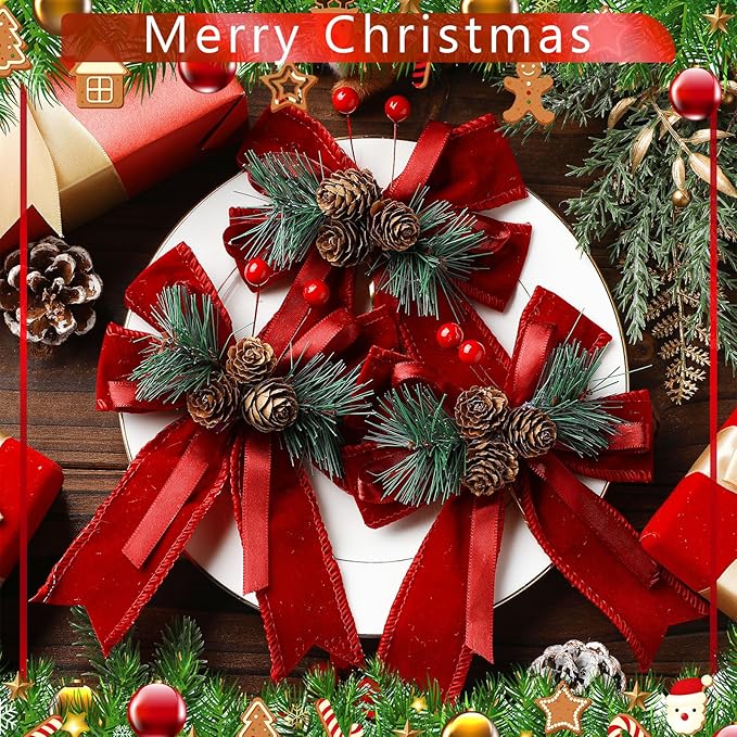 Syhood 6 Pcs Christmas Velvet Bow with Pine Cones Pine Needles Berries Xmas Wine Red Ribbon Bow Ornaments 6.3 x 5.1 Inch for Christmas Tree Wreath Garden Fireplace Crafts DIY Decor