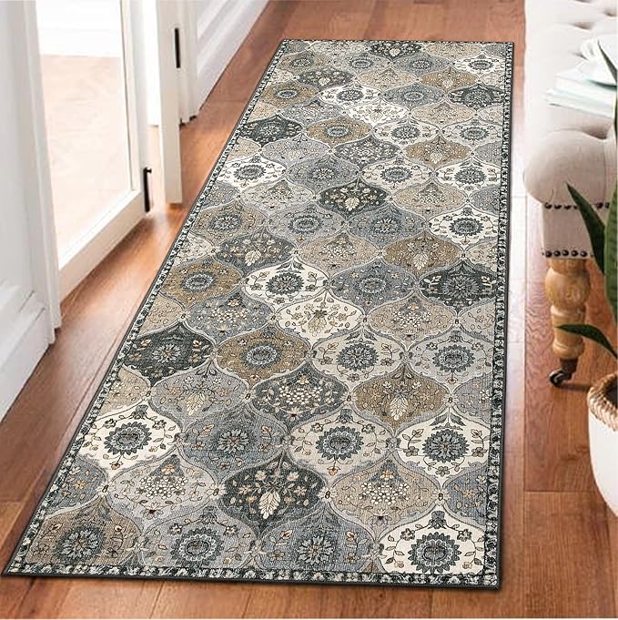 Lahome Moroccan Trellis Kitchen Runner Rug, 2x5 Washable Runners for Hallways Non Slip Soft Hallways Rug Ultra-Thin Vintage Long Carpet for Bedroom Bathroom, Grey