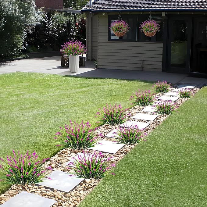 Artificial Flowers Faux Plants for Outdoor Decoration, 12 Bundles Fake Monkey Grass for Home Garden Front Porch Balcony, Lavender Flowers Shrubs UV Resistant No Fade Greenery Bush Planter (Lotus)