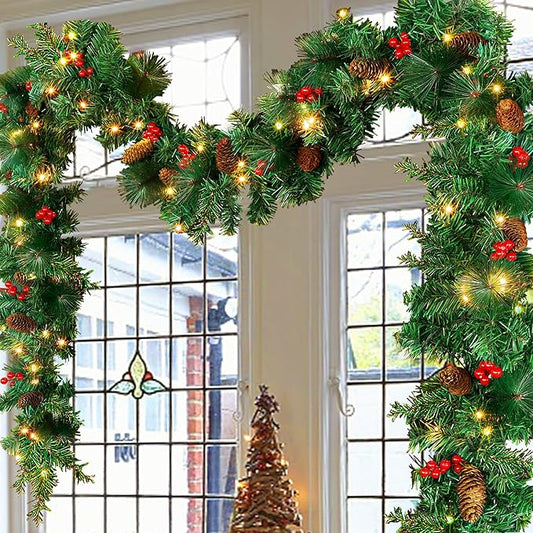 9 Foot Christmas Lighted Garland, Battery Operated Christmas Garland with Lights, Pre Lit Garland Wreath for Indoor Home Winter Holiday New Year Xmas Decorations