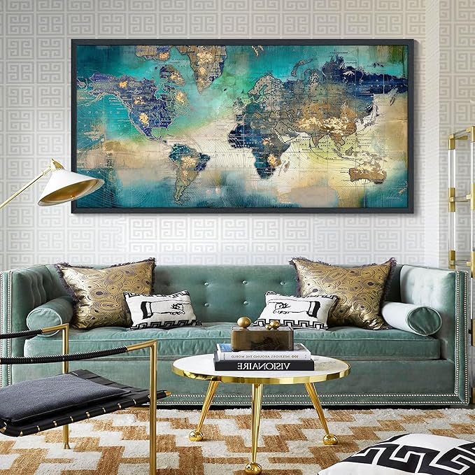 Large World Map Canvas Prints Wall Art for Living Room Office "29x58" Green World Map Picture Artwork Decor for Home Decoration Black Framed Wall Art