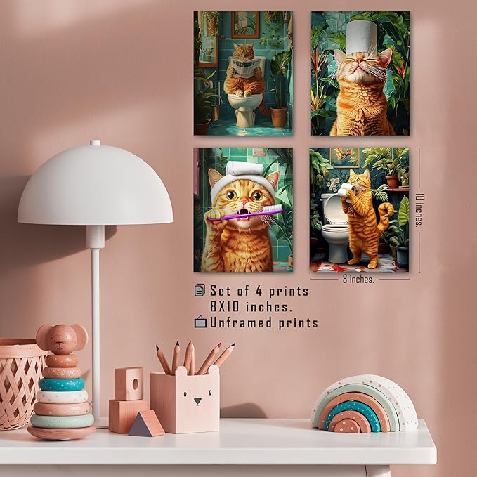 FITIE Funny Orange Cat Bathroom Wall Art Prints Set of 4, Tropical Botanical Funny Orange Cat on Toilet Wall Art Posters for Bathroom Washroom Restroom Decor, 8x10 Unframed