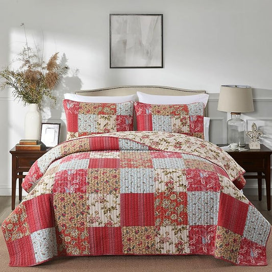 Secgo Queen Size Comforter Set- 100% Cotton Quilt Queen Size Set, Green, Sage bedspreads (90 * 96 Inch) with 2 Pillow Shams, Patchwork Reversible Lightweight Bedding