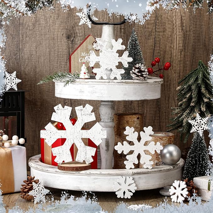 Bucherry 3 Pcs Winter Wooden Snowflake Decor Rustic Winter Snowflake Table Signs Wonderland Wood Blocks Farmhouse Christmas Tiered Tray Decorations for Xmas Table Shelf(Classic White)