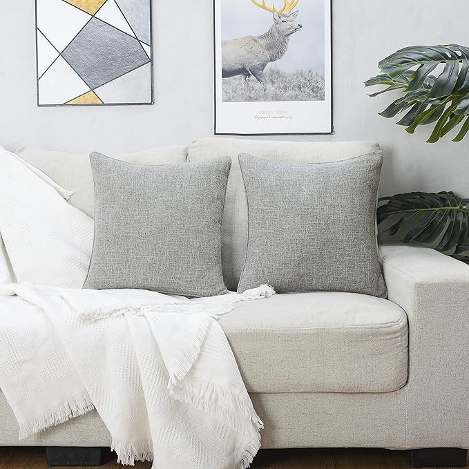 HPUK Linen Throw Pillow Covers Pack of 2, 18x18 Inch Accent Cushion Covers for Living Room, Bedroom, Decorative Solid Color Pillow Covers for Couch, Sofa, Chair, Grey