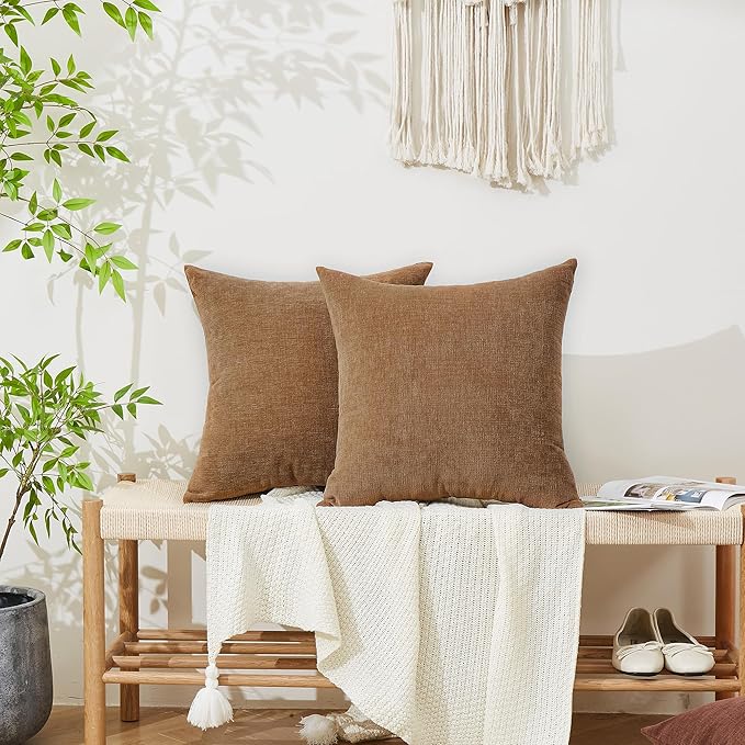 GAWAMAY Decorative Square 16x16 Inch Throw Pillow Covers Set of 2, Super Soft Chenille Pillows Farmhouse Fall Pillowcase for Living Room Bedroom Sofa Couch Cushion Cover Brown 40x40cm (No Inserts)