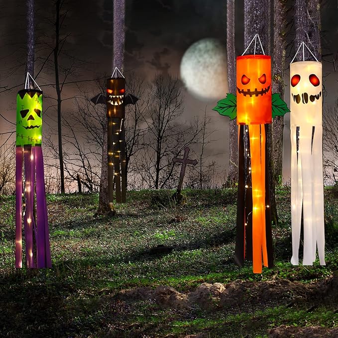 4 Pieces Halloween Windsock Flag 39 Inch Pumpkin Bat Ghost Spooky Cartoon Wind Socks Flag with LED Lights Outdoor Hanging Decoration for Home Yard Patio Lawn Garden Tree Party Decoration