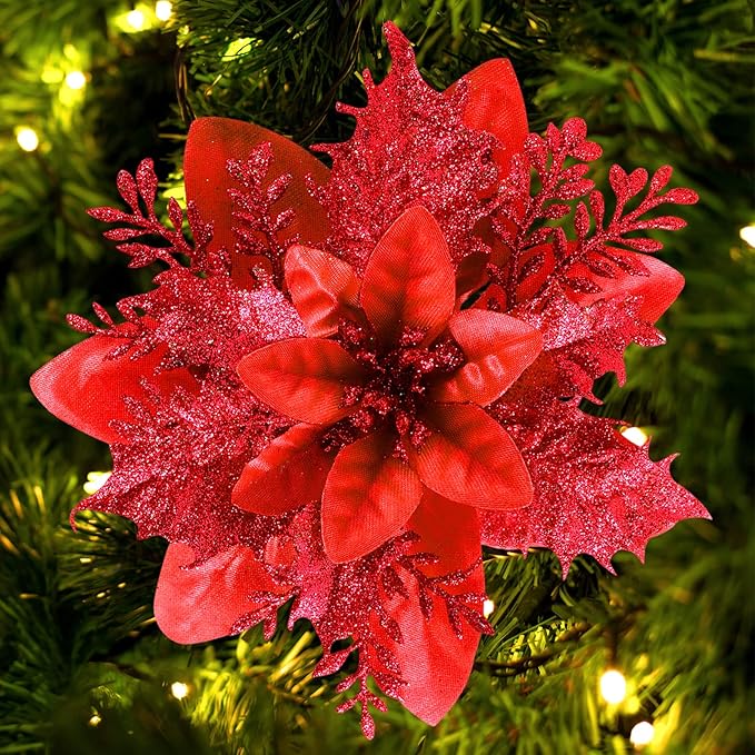 Christmas Poinsettia Artificial Flowers Decorations 5.5" Christmas Tree Wreaths Garland Decoration 12 Pcs Glitter Flowers Picks Decor for Xmas New Year Wedding Party Ornaments (Red)