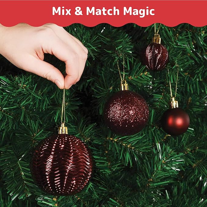 PREXTEX Wine Red Christmas Ornaments Set - 36 Shatterproof Wine Colored Ornaments for Christmas Tree, Holiday, Wreath, and Party Decor - Includes Small, Medium, Large Dark Red Christmas Balls