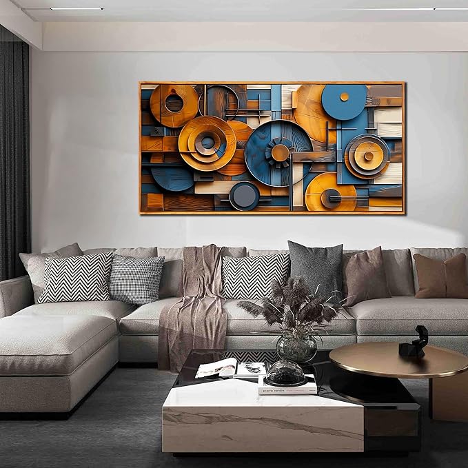 Abstract Paintings Wall Art for Living Room - Blue and Yellow Canvas Wall Decor for Office - Framed Wall Art Large Modern Size 29" x 59"