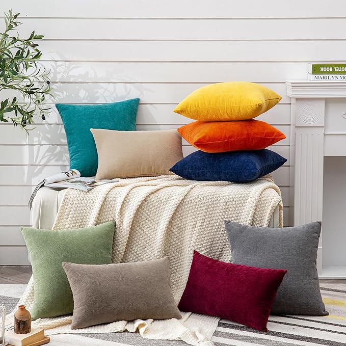 GAWAMAY Lumbar Pillow Decorative Rectangle Throw Pillow Covers 12"x20" Inch Set of 2, Super Soft Chenille Pillowcase for Living Room Bedroom Sofa Couch Cushion Cover Taupe Grey 30x50cm (ONLY Covers)