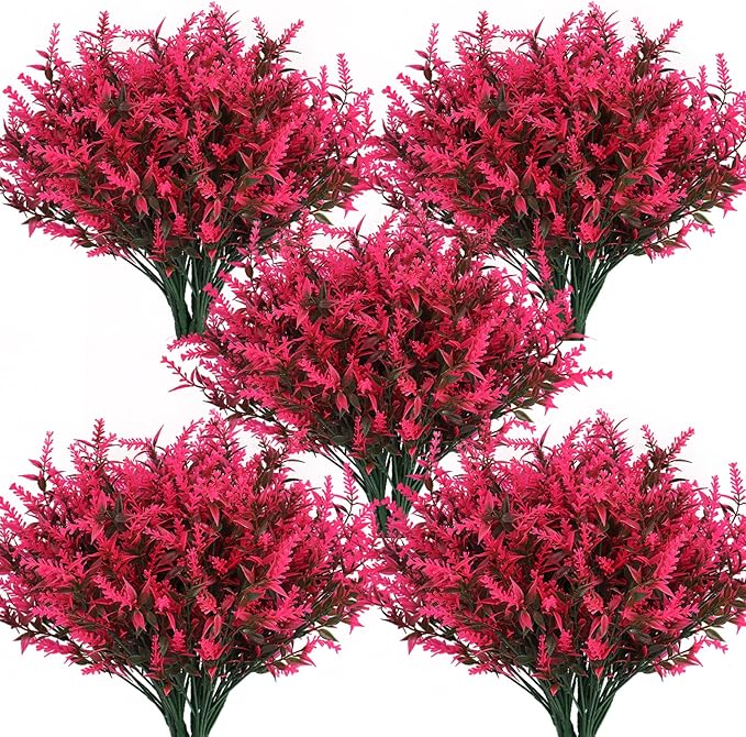 Spring Decoration, Artificial Greenery,Artificial Lavender Flowers Outdoors Fake Shrubs Greenery Plants Indoor UV Resistant Plastic Faux Bouquets for Outdoor Home Garden Porch Decoration(Pink)
