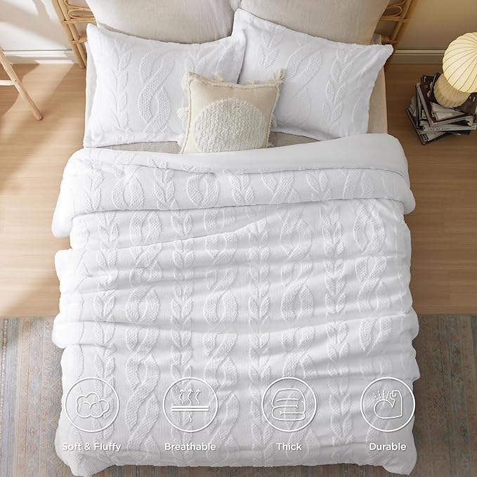 Bedsure King Size Comforter Set White, Boho Tufted Bed Set, Farmhouse Jacquard Cable Knit Pattern Bedding, 3 Pieces, 1 Shabby Chic Fluffy Comforter & 2 Pillow Shams