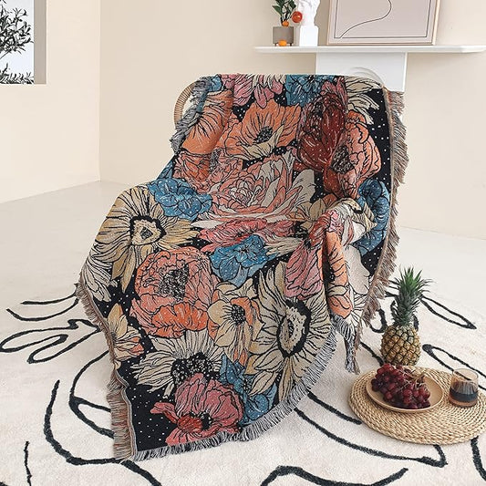 Boho Throw Blanket Reversible Cotton Bohemian Tapestry Hippie Room Decor Double Sided (Boho Flower Dark 50"x60")