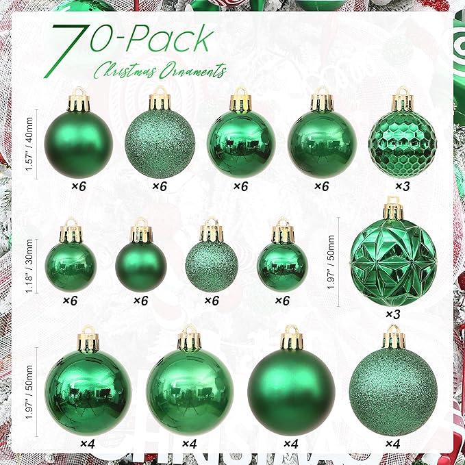 Sea Team 70-Pack Shatterproof Plastic Christmas Ball Ornaments Set, Multi-Size Christmas Baubles, Hanging Decorations for Xmas Tree, Wreath, Garland, (1.18-1.97 Inches, Green)