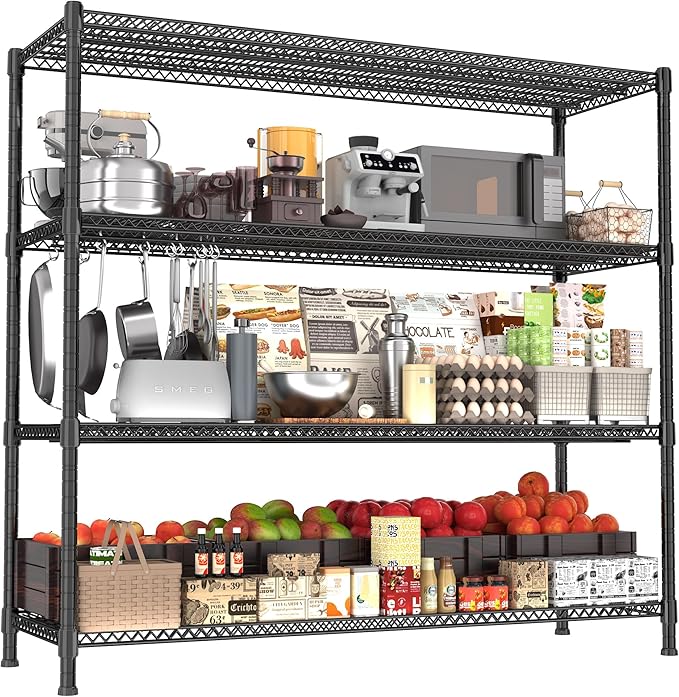 Heavy Duty Shelving, 72.2" H Garage Shelving Unit with Leveling Feet, 4-Tier Adjustable Garage Storage Shelves Metal Rack, Industrial Shelving for Warehaouse Storage, 60" W x 24" D x 72.2" H, Black