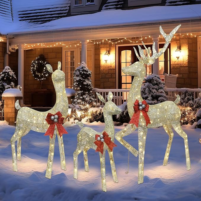 winemana 3 Pcs Christmas Reindeer Decorations Outdoor, Lighted Large Deer Yard Decor Light up 3D Deer Family Set for Outside Indoor Lawn Garden Xmas Holiday Party (Gold)