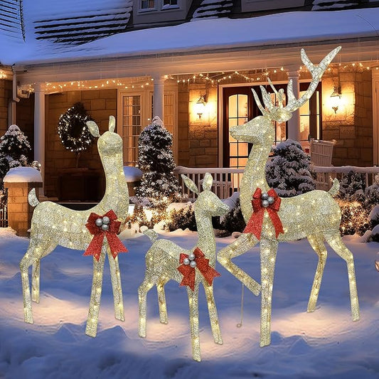 winemana 3 Pcs Christmas Reindeer Decorations Outdoor, Lighted Large Deer Yard Decor Light up 3D Deer Family Set for Outside Indoor Lawn Garden Xmas Holiday Party (Gold)
